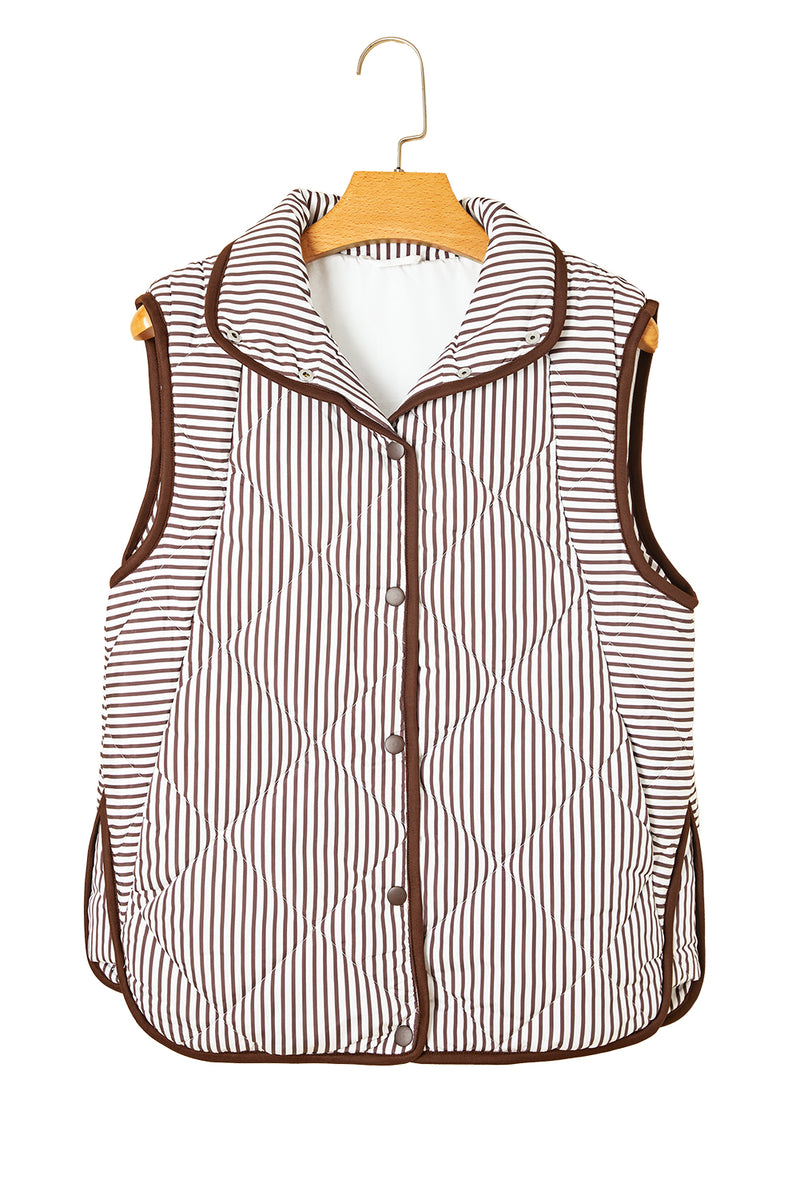Stripe Snap Button Scalloped Hem Collared Winter Vest