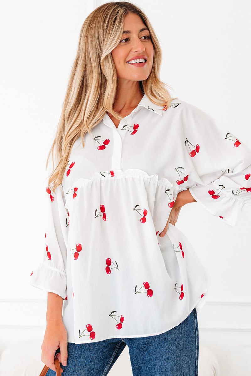 Cherry Print Flounce Sleeve Collared Frilled Babydoll Blouse