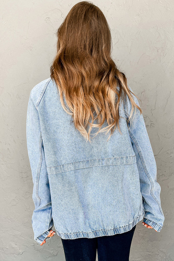 Elastic Edge Collared Zip Up Denim Jacket With Pocket