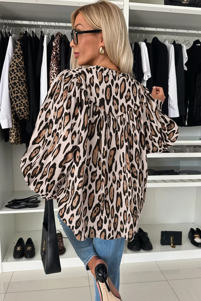 French Oversized Leopard Print Balloon Sleeve Casual Shirt