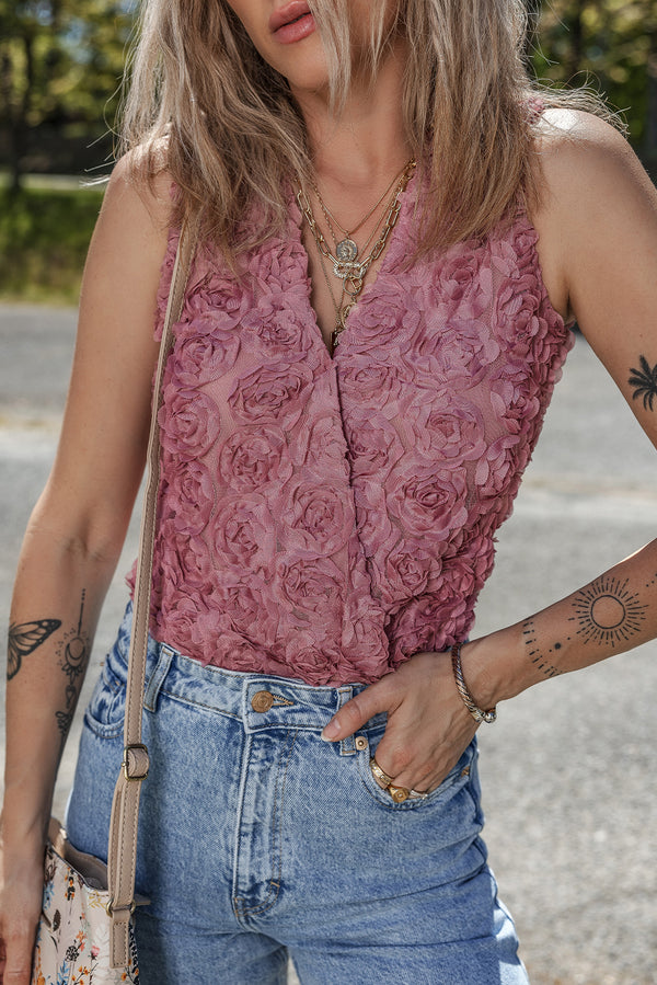 Old Rose Floral Textured V Neck Wrapped Sleeveless Bodysuit