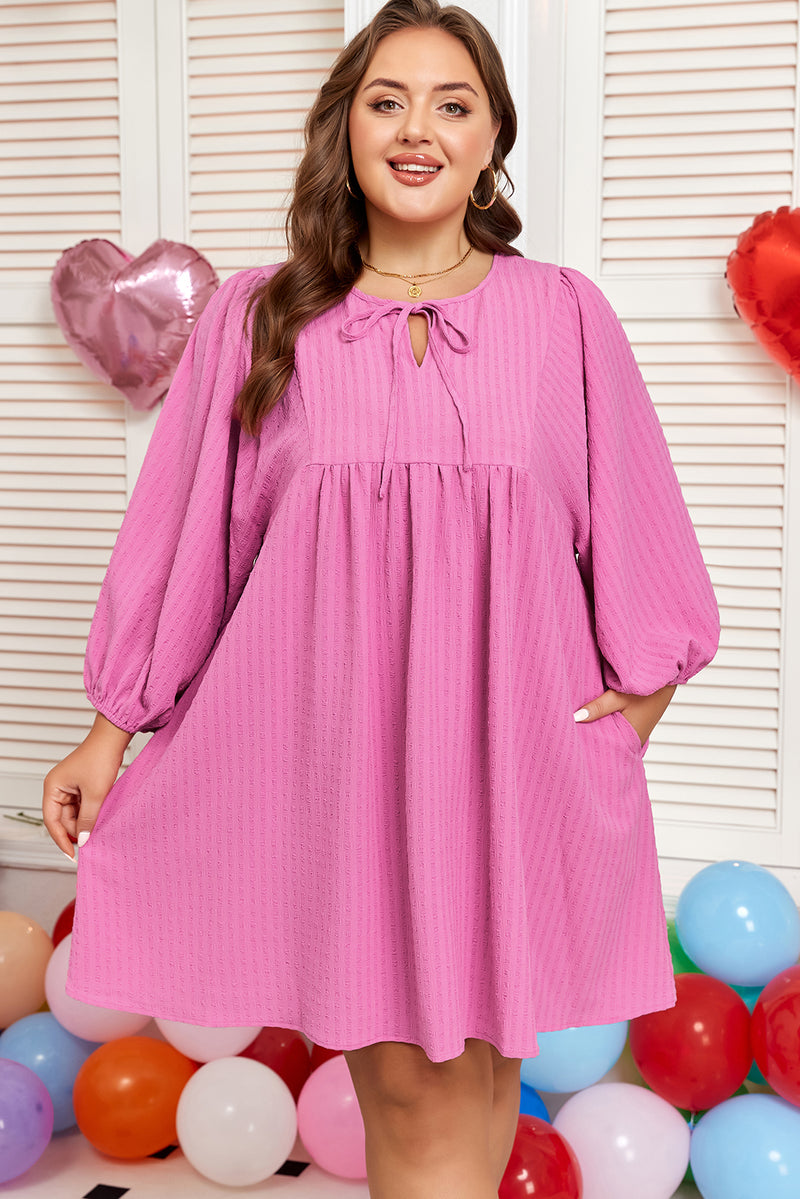 Plus Size Textured Tie Split Neck Puff Sleeve Flowy Mini Dress