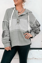 Waffle Printed Patchwork Drawstring Hooded Long Sleeve Top