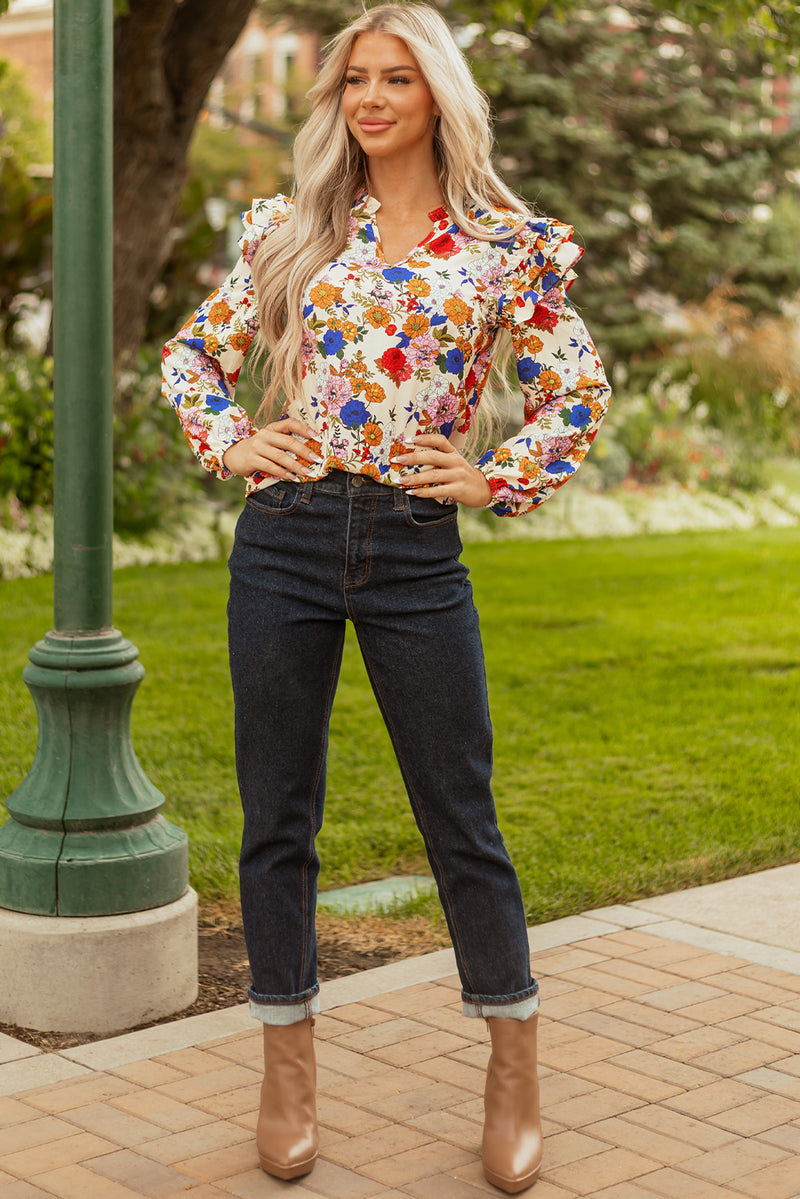 Ruffled Shoulder Long Sleeve Floral Blouse