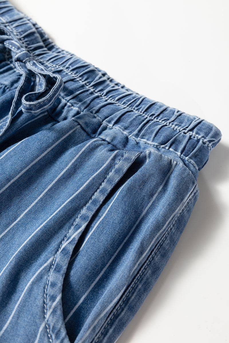 Stripe Chambray Wide Leg Tied Elastic Waist Trousers