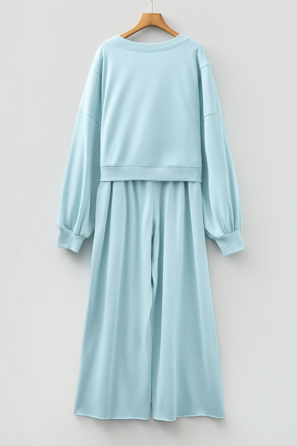 Drop Shoulder Puff Sleeve Crop Pullover Drawstring Wide Leg Pants Set