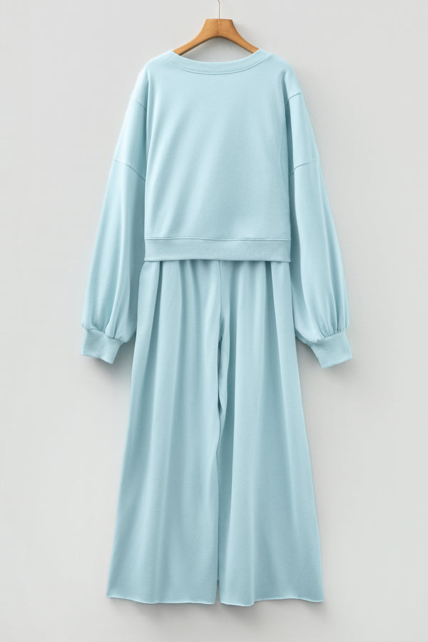 Drop Shoulder Puff Sleeve Crop Pullover Drawstring Wide Leg Pants Set