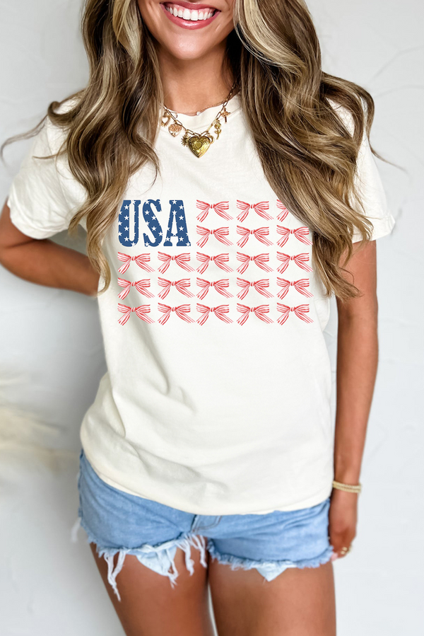 USA Flag Bow Knot Print Round Neck T Shirt