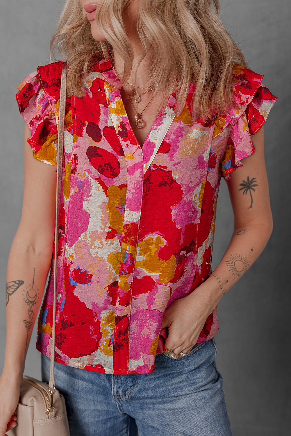 Abstract Print Split V Neck Ruffle Short Sleeve Blouse