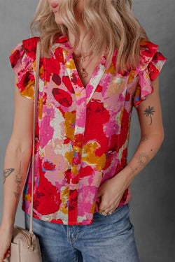 Abstract Print Split V Neck Ruffle Short Sleeve Blouse