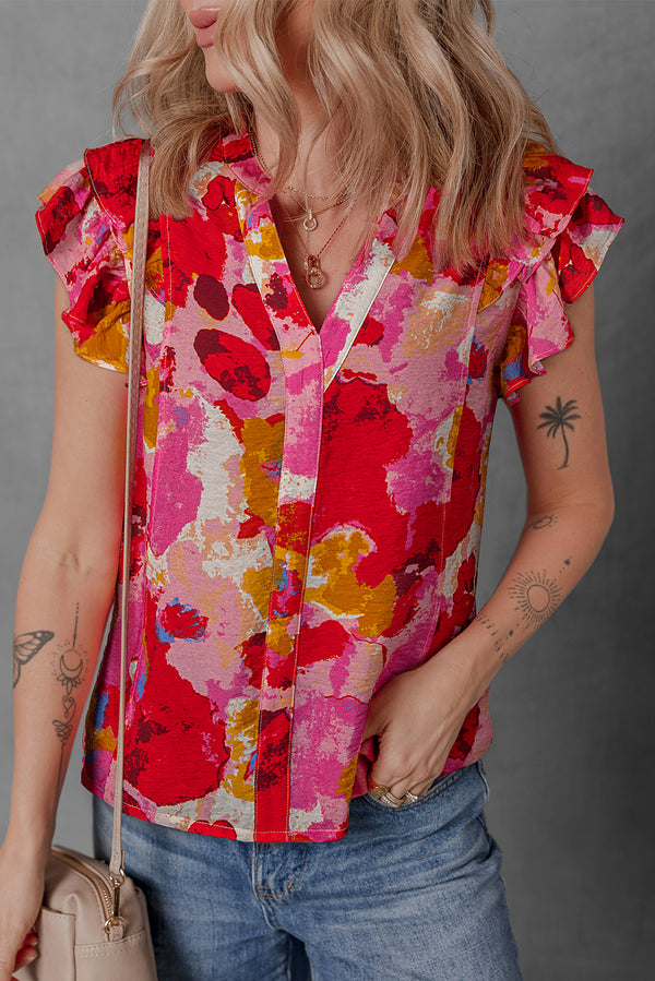 Abstract Print Split V Neck Ruffle Short Sleeve Blouse