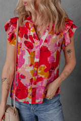 Abstract Print Split V Neck Ruffle Short Sleeve Blouse