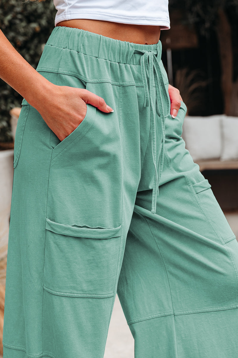 Mineral Wash Exposed Seam Drawstring Elastic Waistband Wide Leg Cargo Pants
