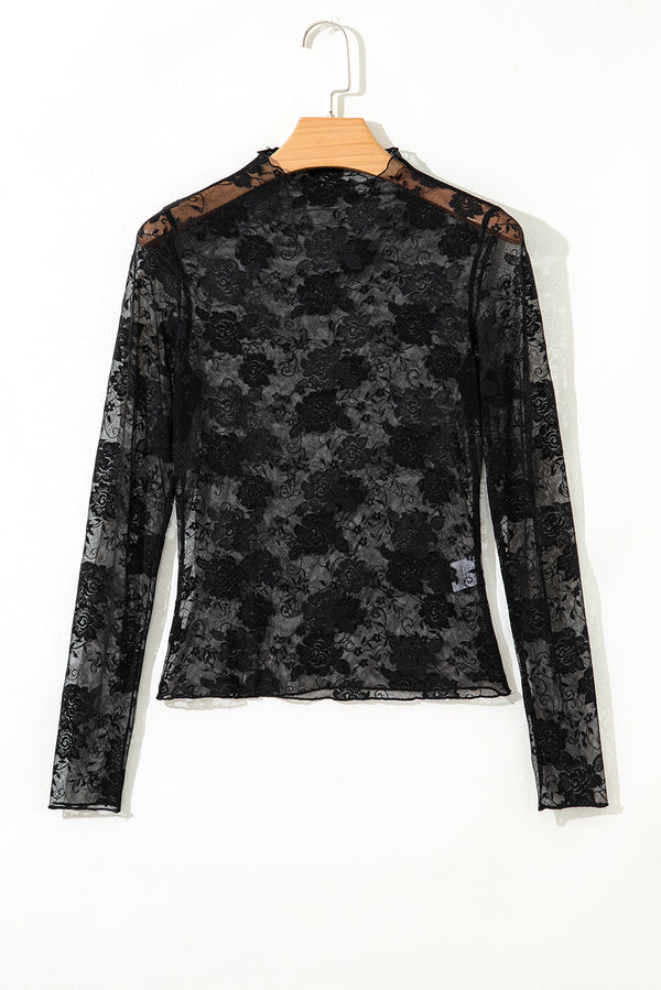 Sheer Floral Lace Mesh Mock Neck Long Sleeve Top
