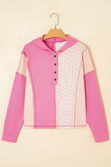 Mixed Texture Waffle Floral Patchwork Hooded Oversize Pullover