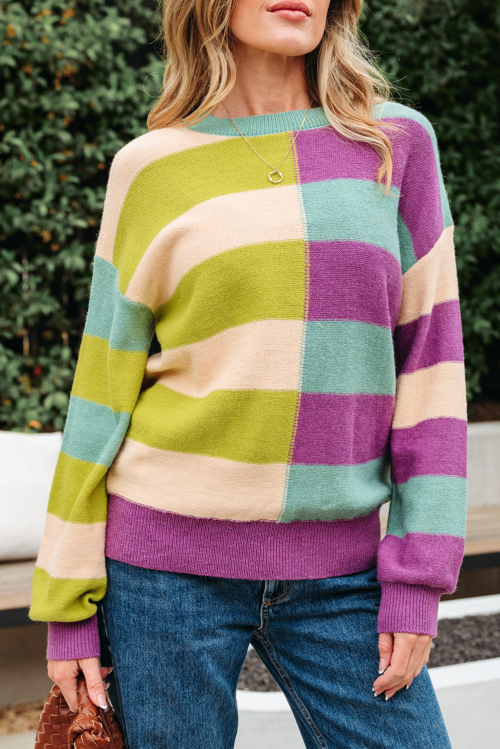 Stripe Drop Shoulder Ribbed Edge Casual Sweater