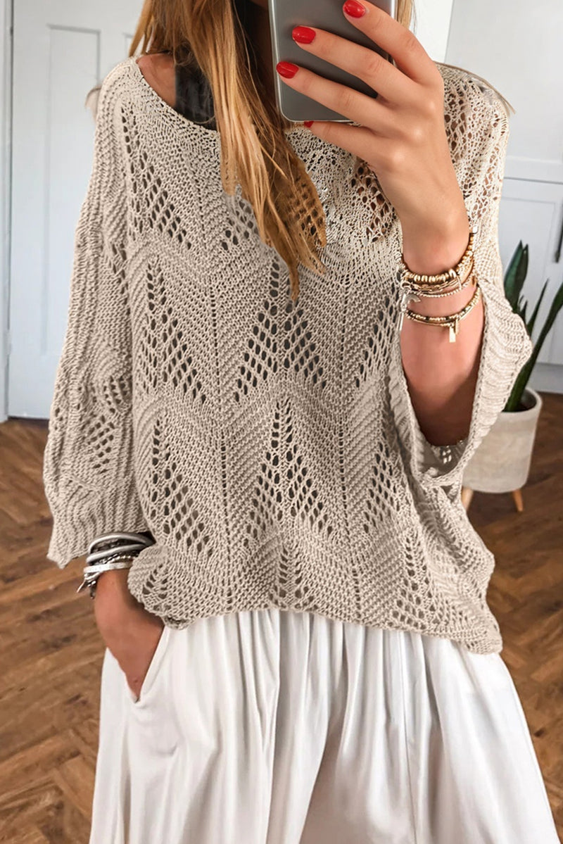 Parchment Hollow Out Knit 7/8 Sleeve Casual Sweater