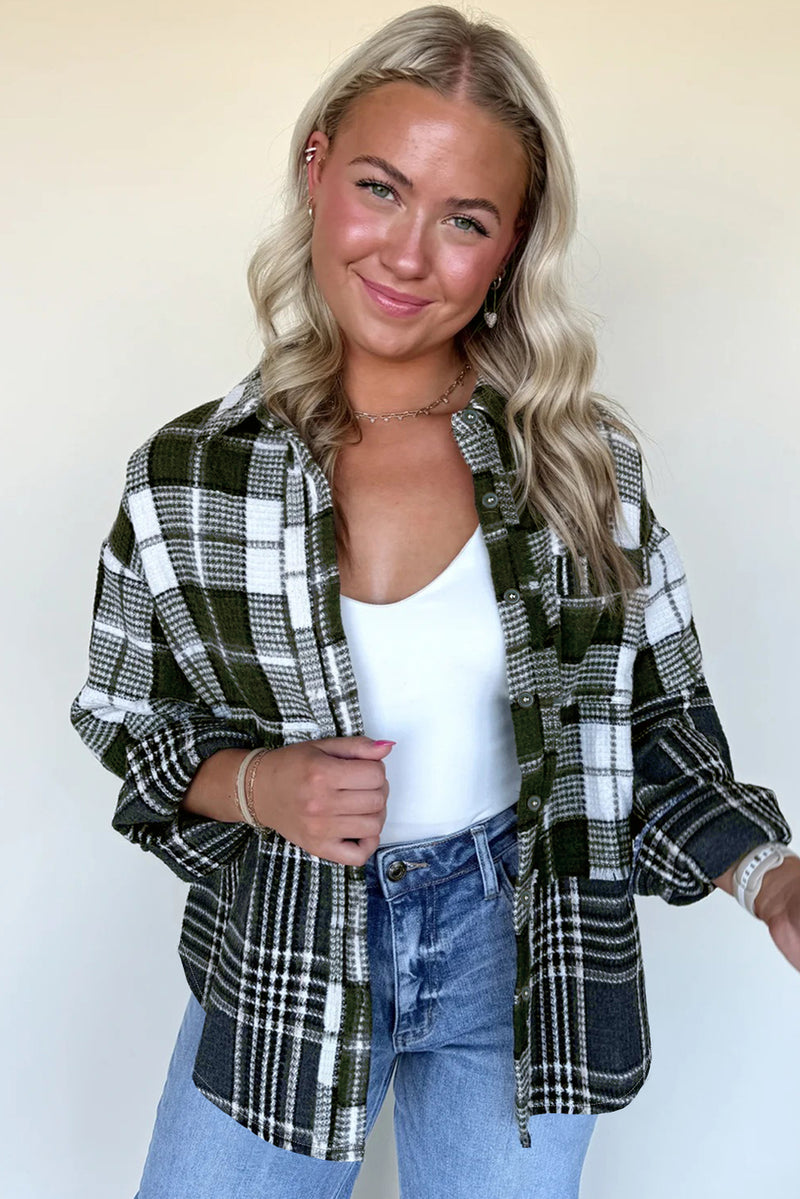 Plaid Print Textured Knit Buttoned Shacket