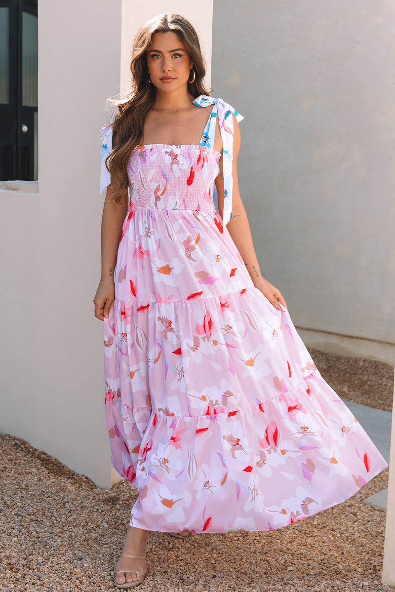 Floral Print Knotted Shoulder Smocked Maxi Dress