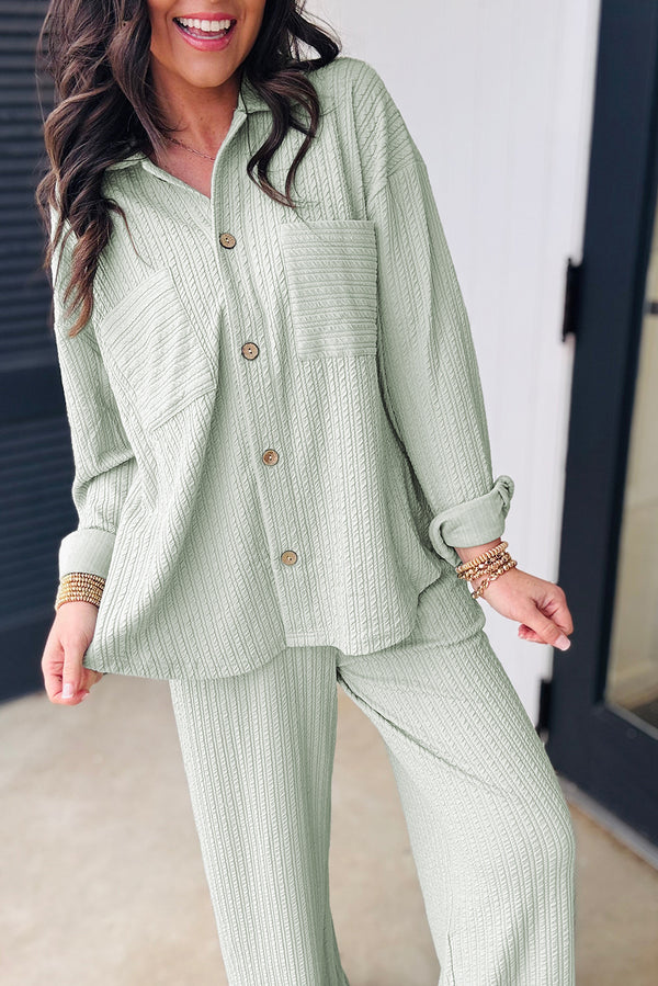Light Green Textured Patched Chest Pocket Shirt and Pants Set