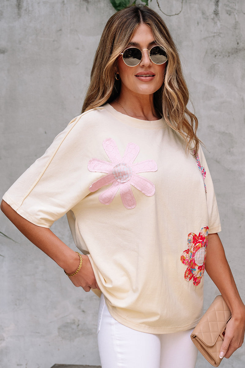 Flower Patched Exposed Stitching Trim Crew Neck Loose Tee