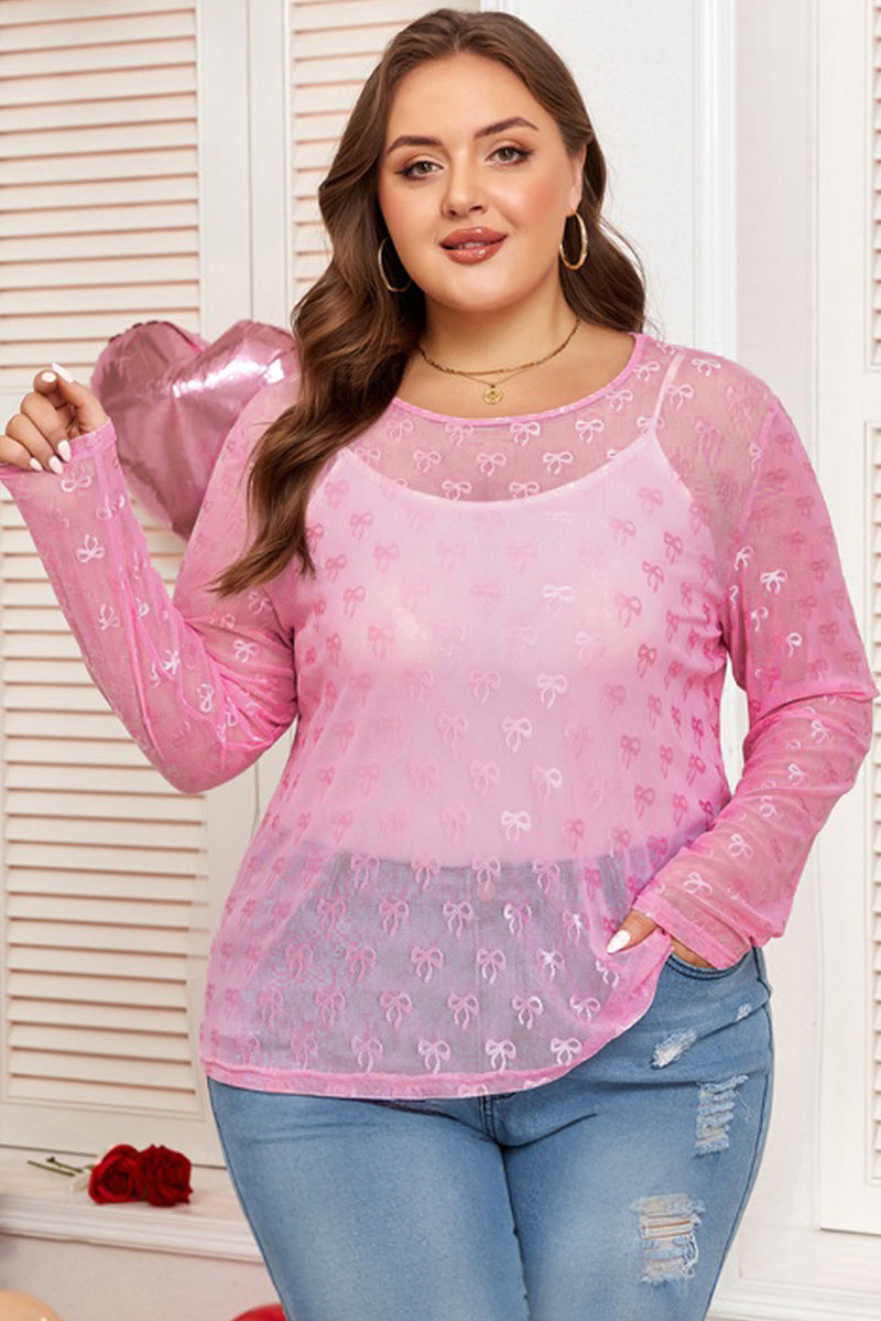 Plus Size Bow Embroidered Mesh Long Sleeve Top