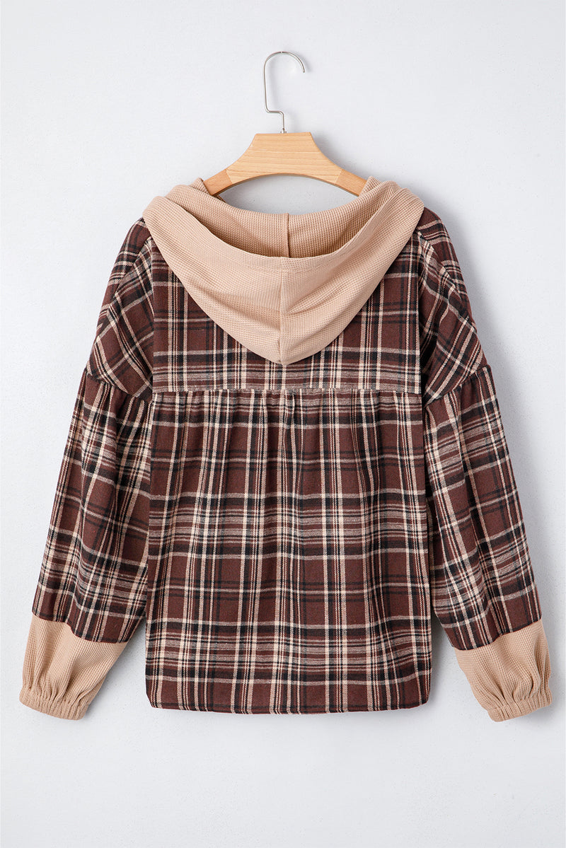 Plaid Patchwork Long Sleeve Button Hooded Blouse