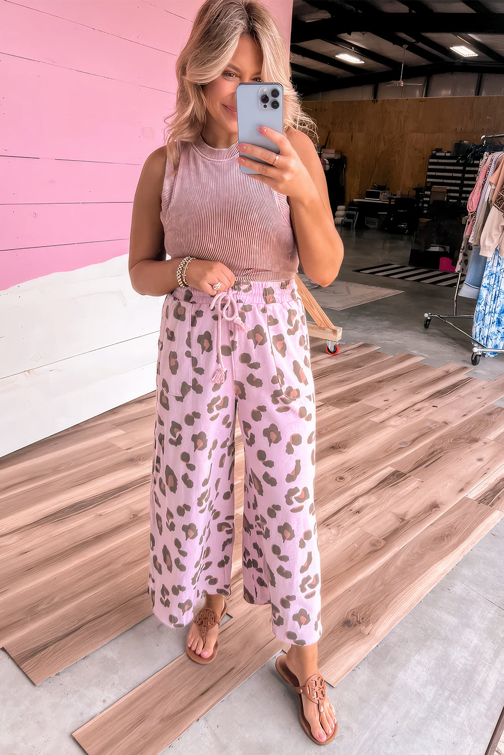 Drawstring Leopard Print Patch Pocket Loose Pants