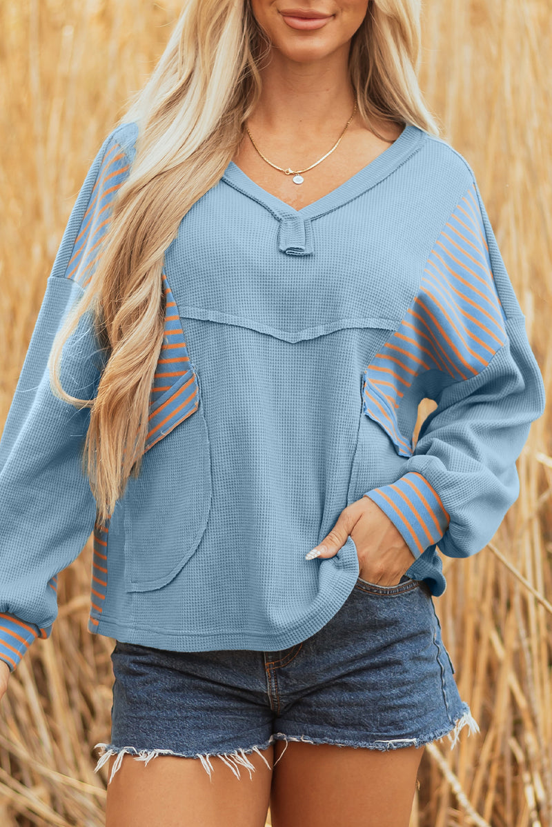 Exposed Seam Waffle Striped Patchwork Baggy Pullover