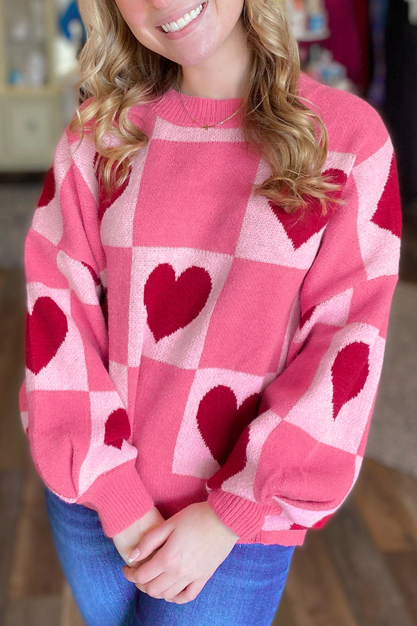 Love Heart Checkered Valentine Crew Neck Sweater
