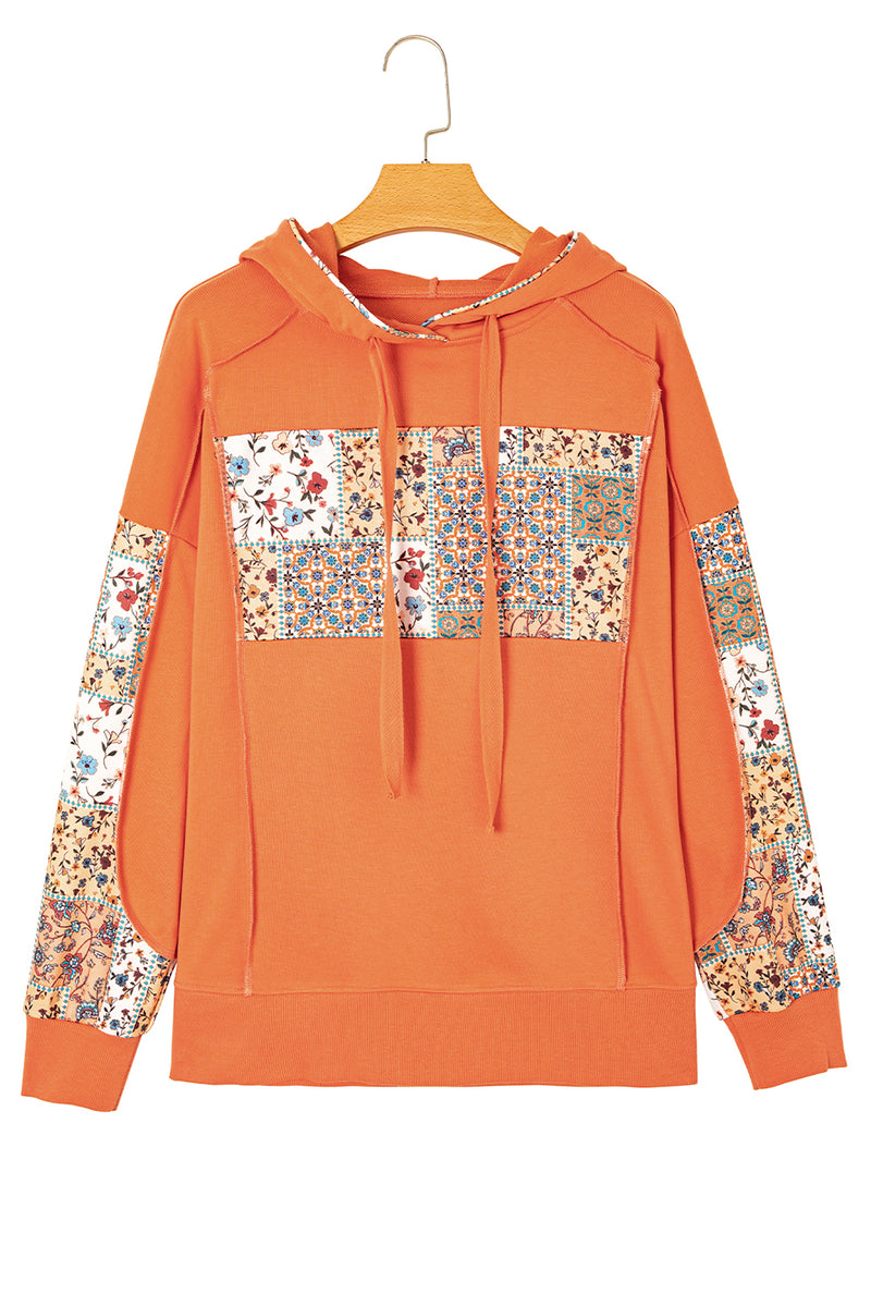 Flamingo Mix Floral Patchwork Side Slit Drawstring Hoodie