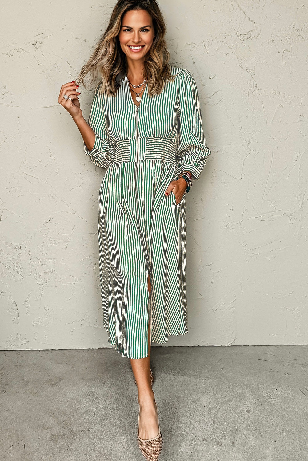 Stripe V Neck Zip Front Cinched High Waist Midi Dress