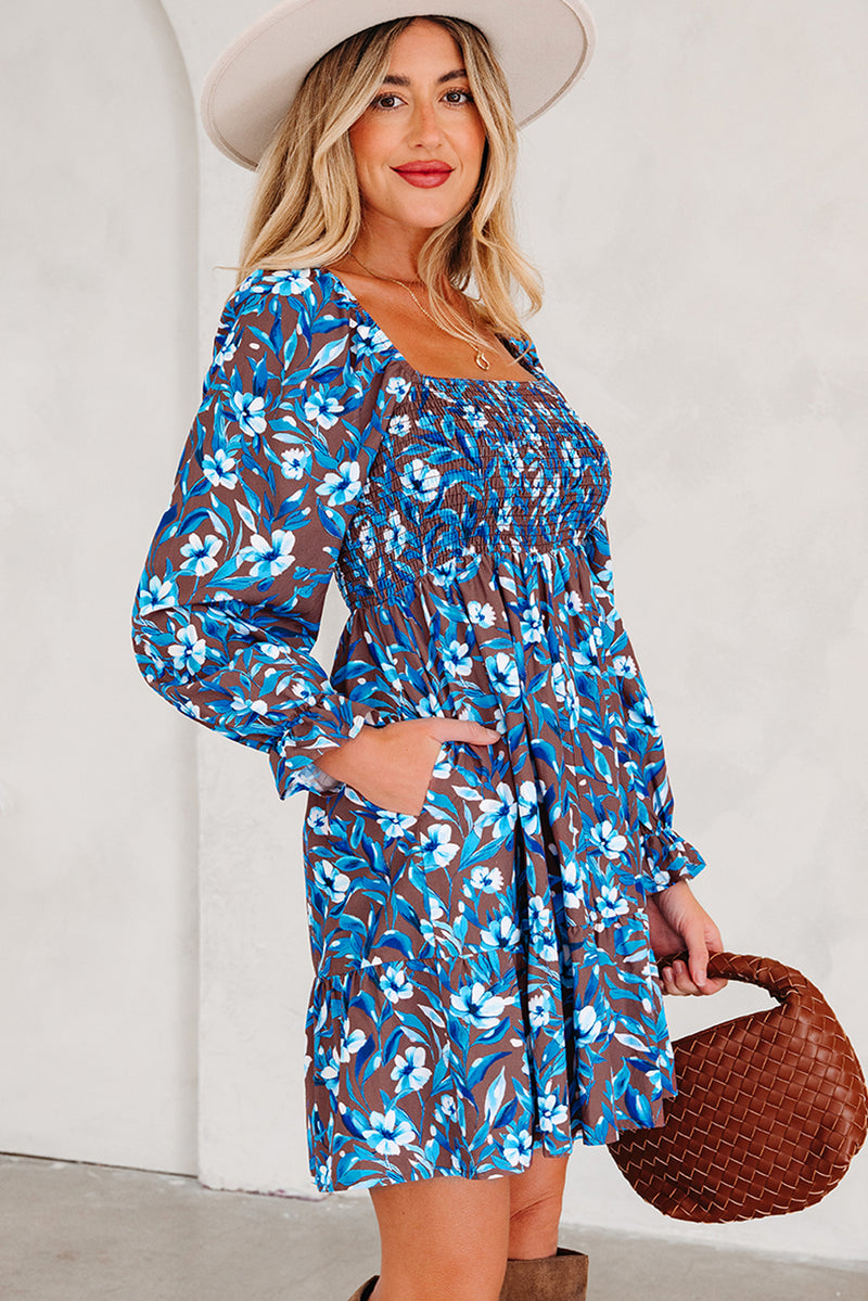 Smocked Bodice High Waist Ruffled Sleeve Floral Dress