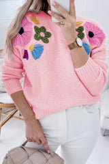 Soft Colored Knitted Flower Pattern Ribbed Edge Sweater
