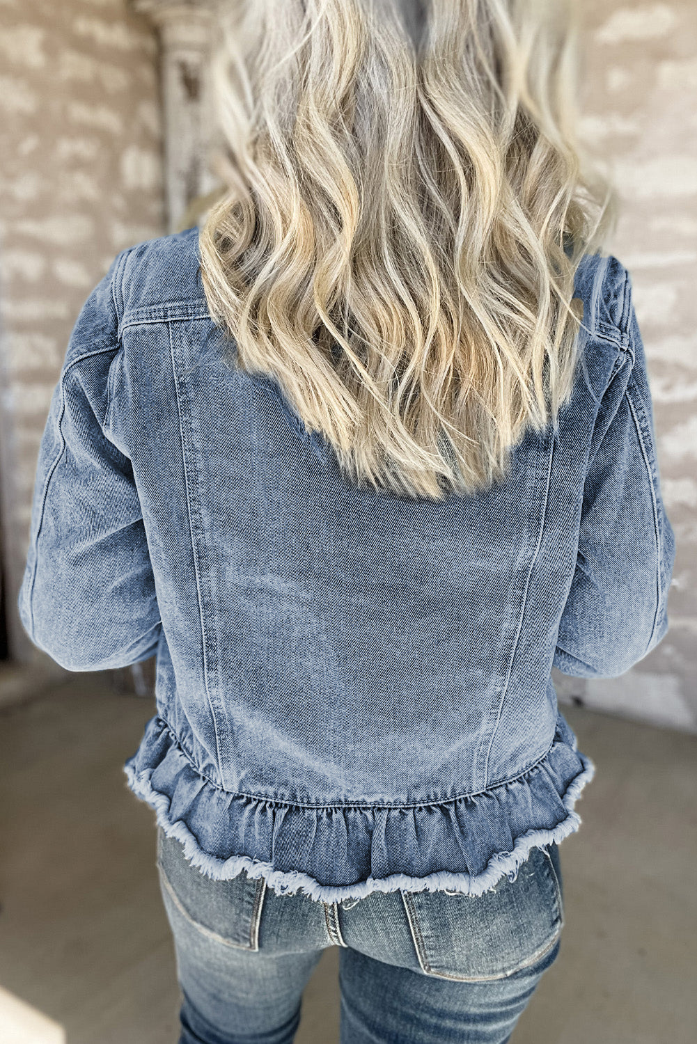 Trucker Beau Blue Ruffle Raw Hem Flap Pockets Denim Jacket