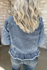 Trucker Beau Blue Ruffle Raw Hem Flap Pockets Denim Jacket