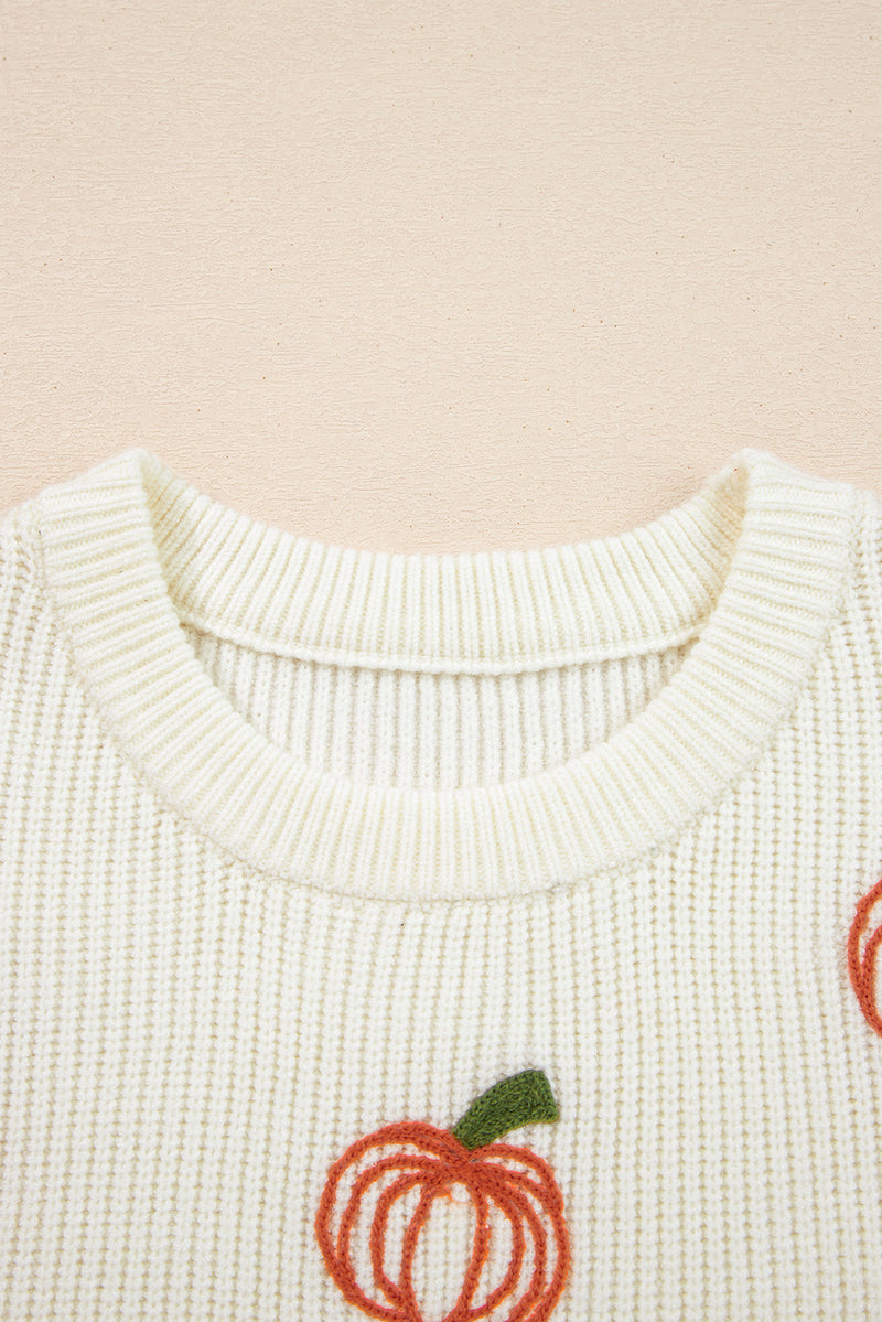 Pumpkin Embroidered Ribbed Thanksgiving Halloween Holiday Sweater