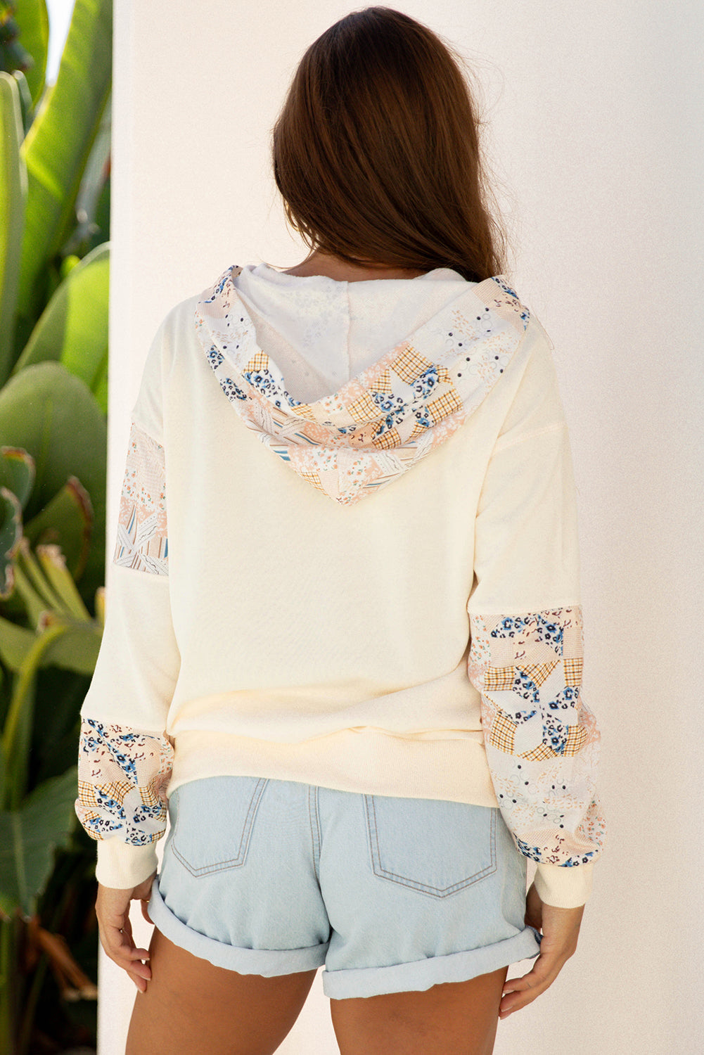 Western Geo Pattern Patchwork Hoodie with Kangaroo Pocket