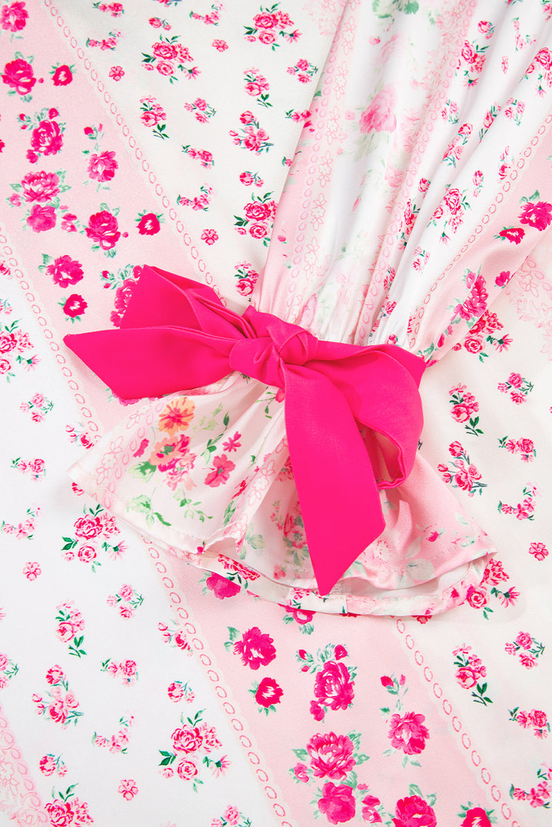 Mixed Floral Print Contrast Piping Trim Satin Tie 2pcs Pajama Set