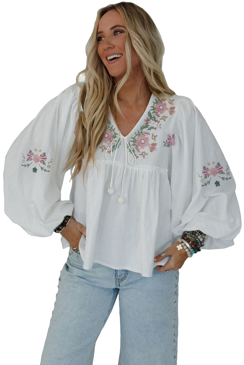 Flower Lace-up V Neck Babydoll Blouse