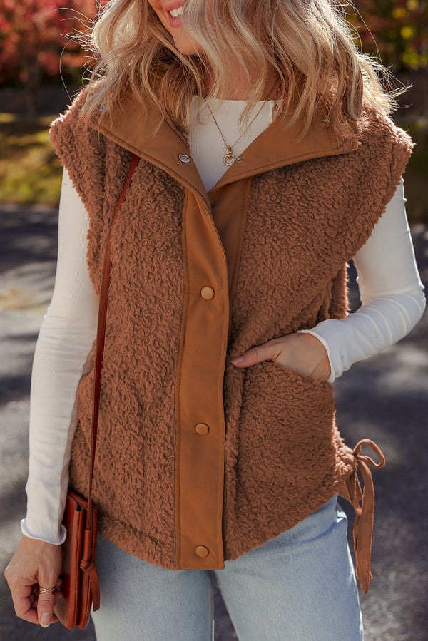 Faux Fur Snap Button Front Knot Side Plush Vest with Pockets