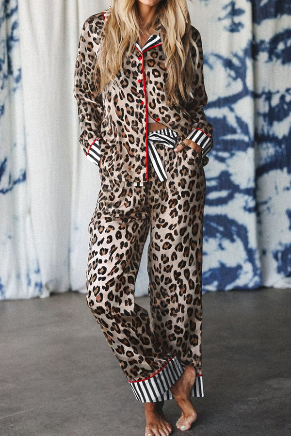 Leopard Print Colorblock Striped Edge Shirt and Pants Pajama Set