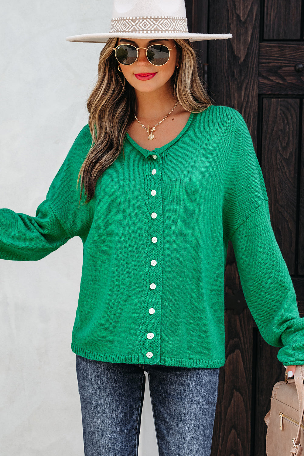 Solid Color Knit Button Drop Shoulder Sweater Cardigan