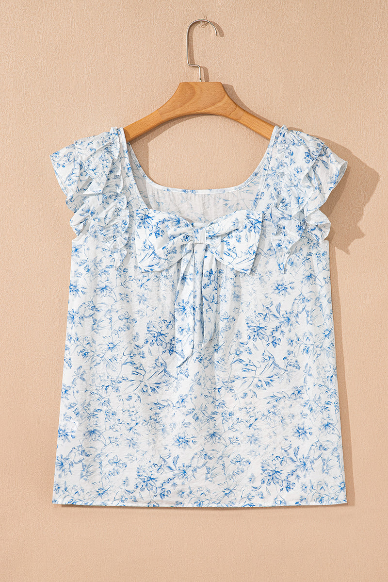 Floral Ruffled Short Sleeve Bow Back Square Neck Blouse