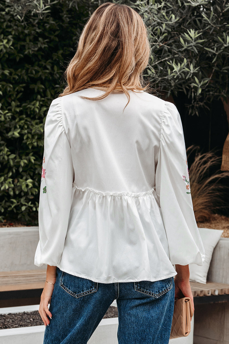 Flower Lace-up V Neck Babydoll Blouse