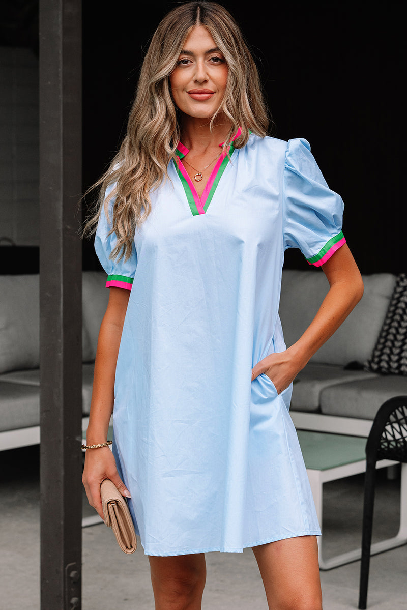Contrast Striped Notched V Neck Puff Sleeve Mini Dress