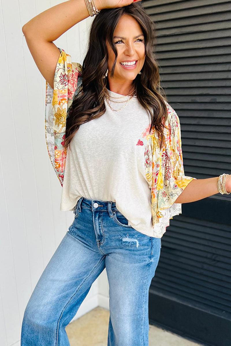 Floral Patchwork Half Batwing Sleeve Blouse