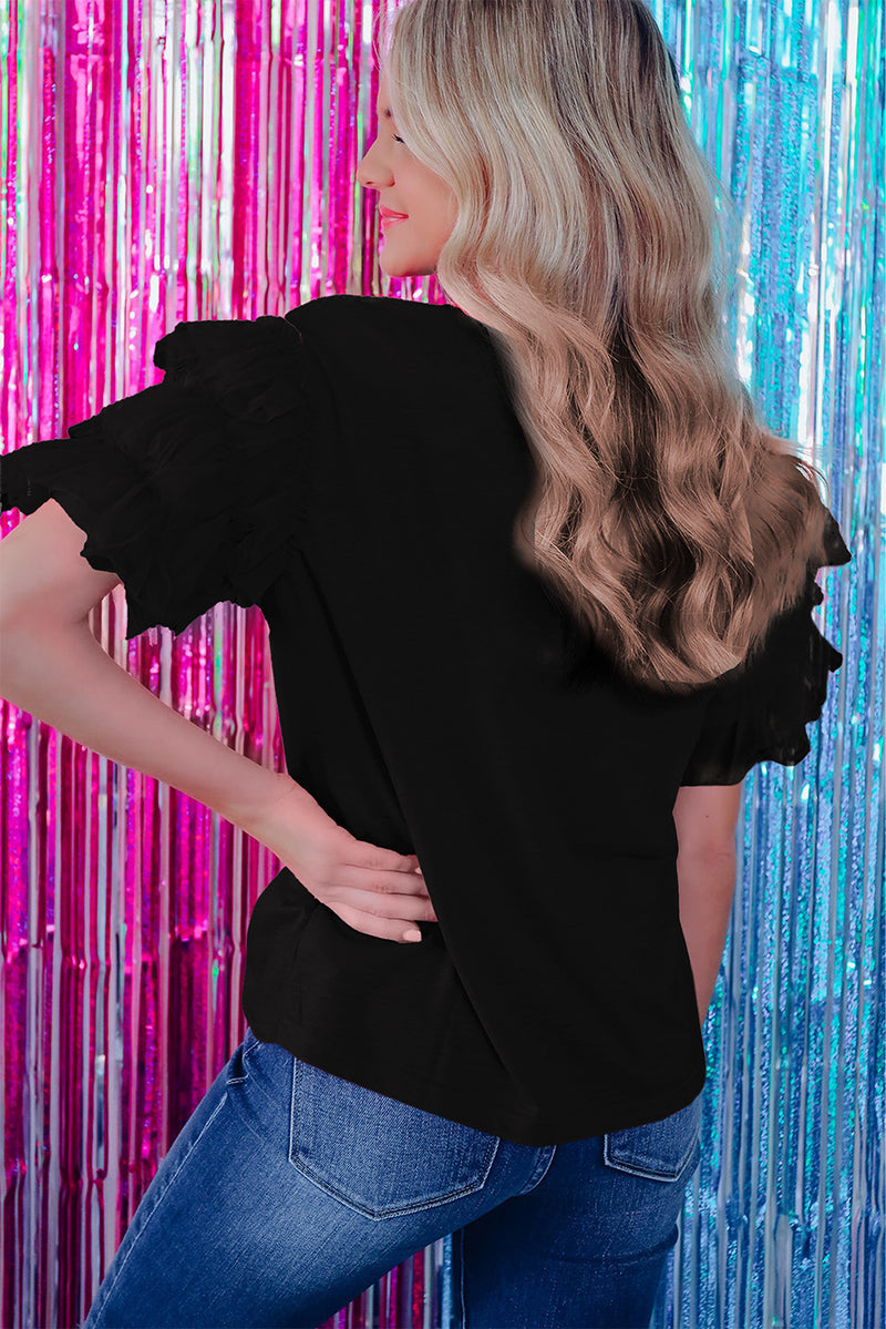 Trendy Solid Tulle Ruffle Sleeve Blouse