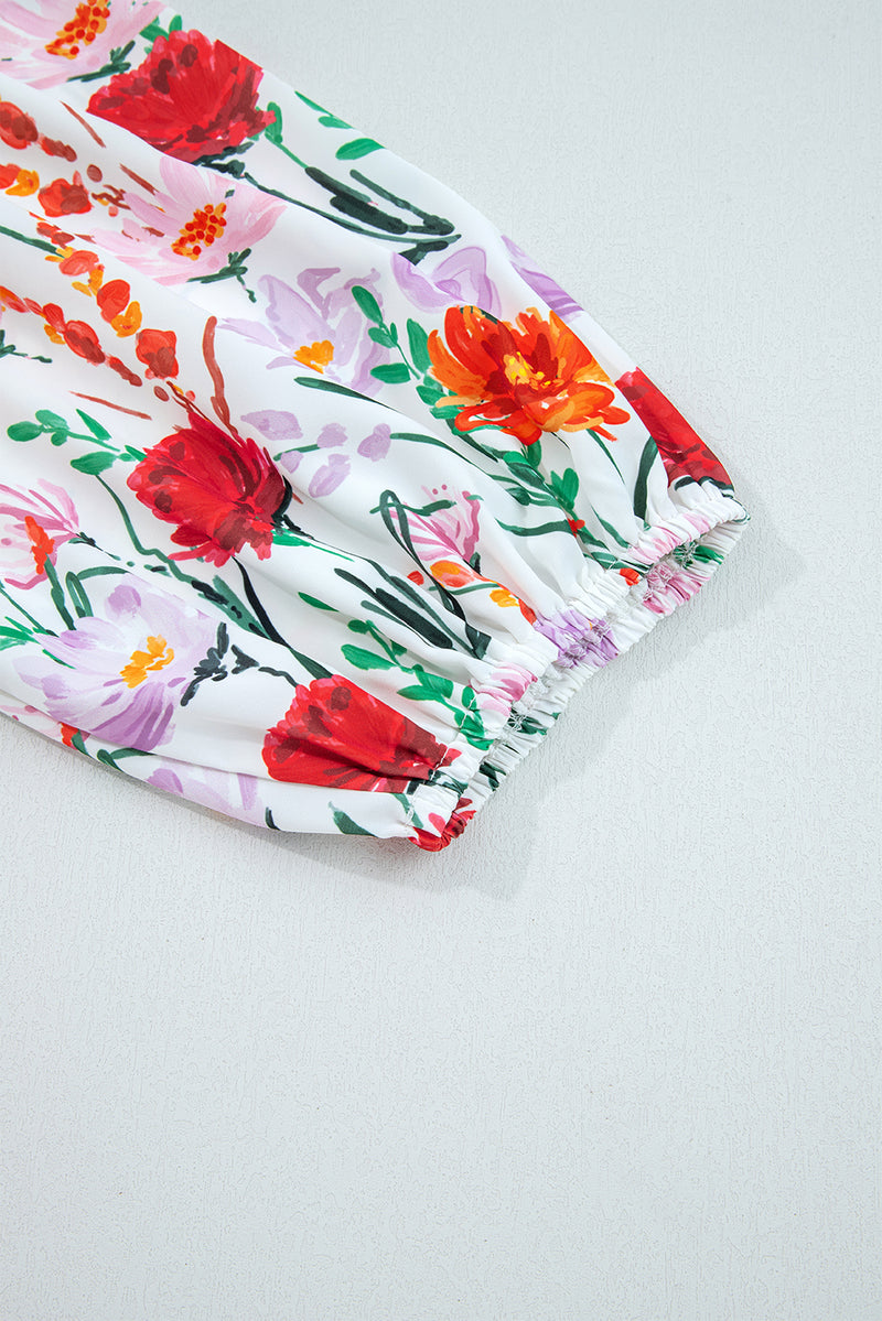 Multicolour Floral Print 3/4 Puff Sleeve Ricrac Trim Mini Dress