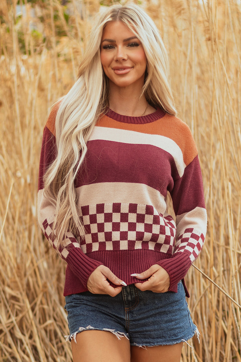 Checkered Color Block Knitted Drop Shoulder Sweater